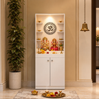 Luxurious White Finish Wooden Floor Temple with Om LED Back Panel & Spacious Drawer Storage Cabinet for Home & Office