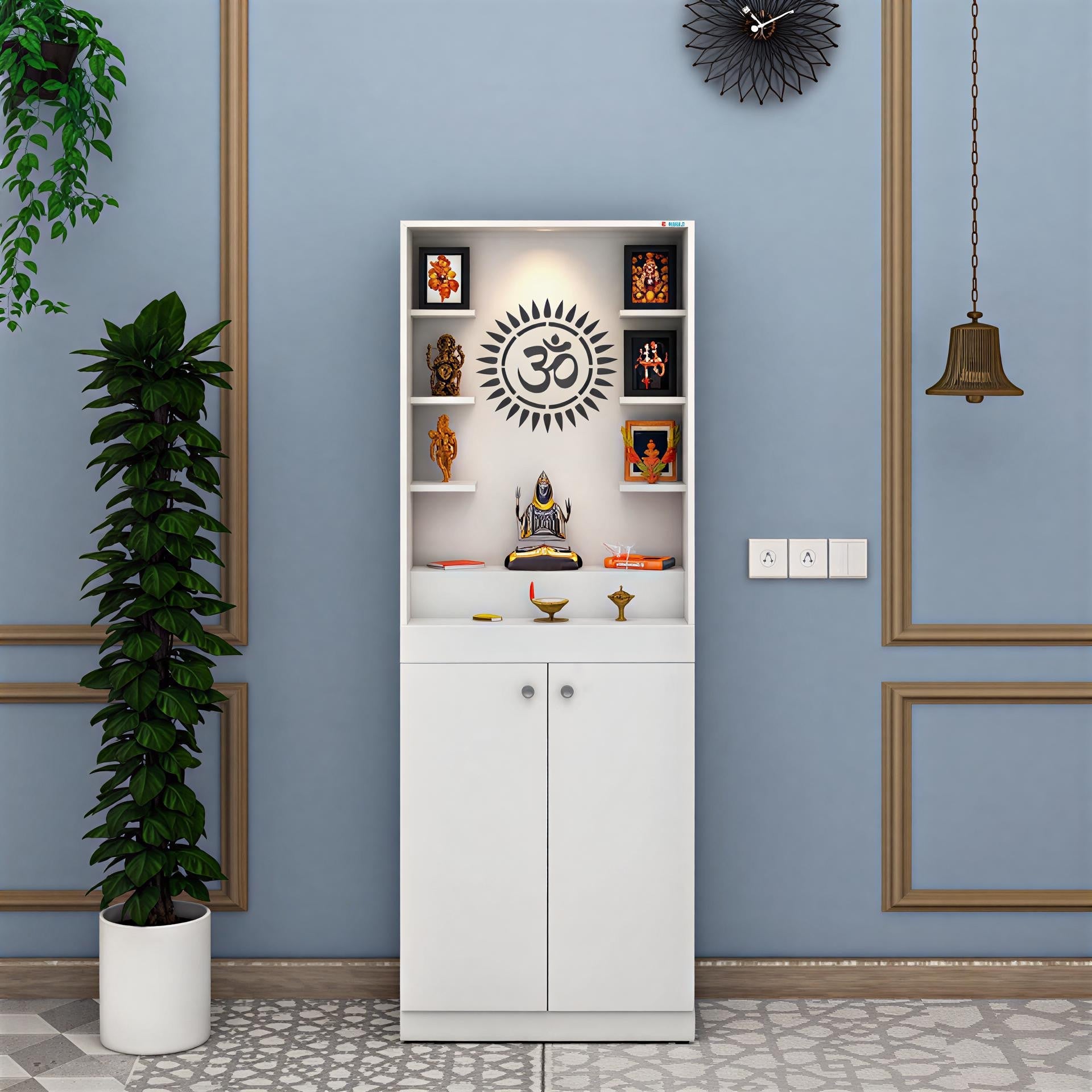 Luxurious White Finish Wooden Floor Temple with Om LED Back Panel & Spacious Drawer Storage Cabinet for Home & Office