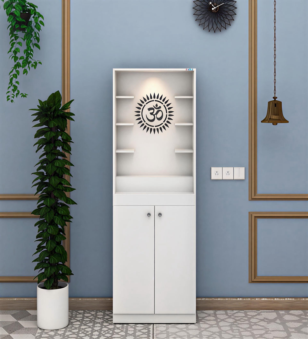 Luxurious White Finish Wooden Floor Temple with Om LED Back Panel & Spacious Drawer Storage Cabinet for Home & Office