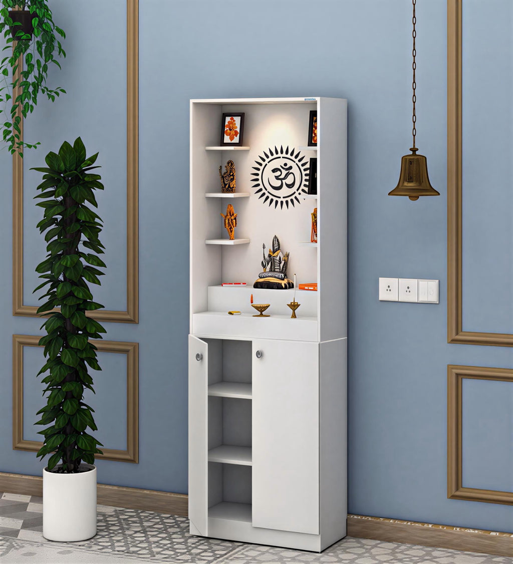 Luxurious White Finish Wooden Floor Temple with Om LED Back Panel & Spacious Drawer Storage Cabinet for Home & Office