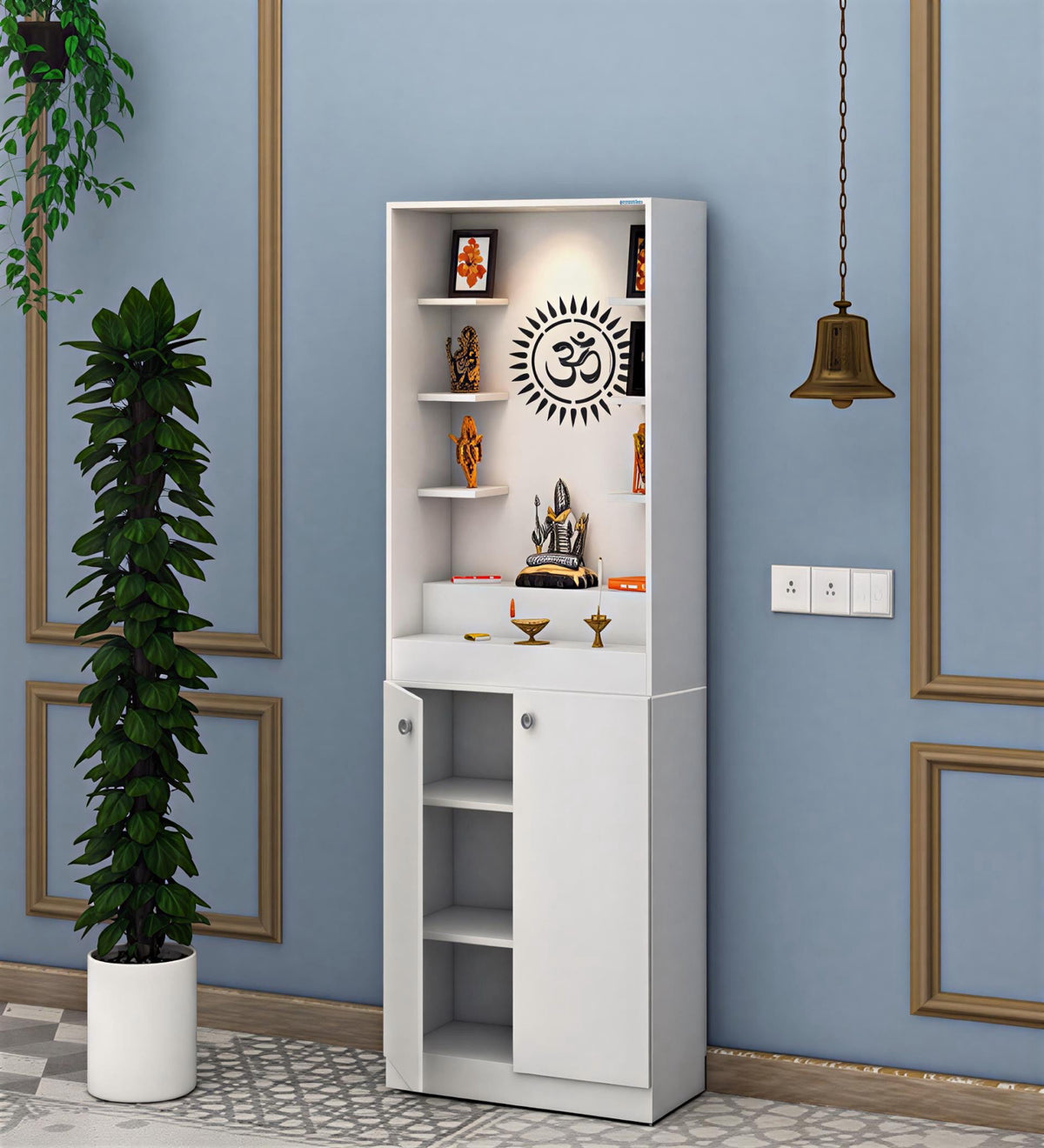 Luxurious White Finish Wooden Floor Temple with Om LED Back Panel & Spacious Drawer Storage Cabinet for Home & Office