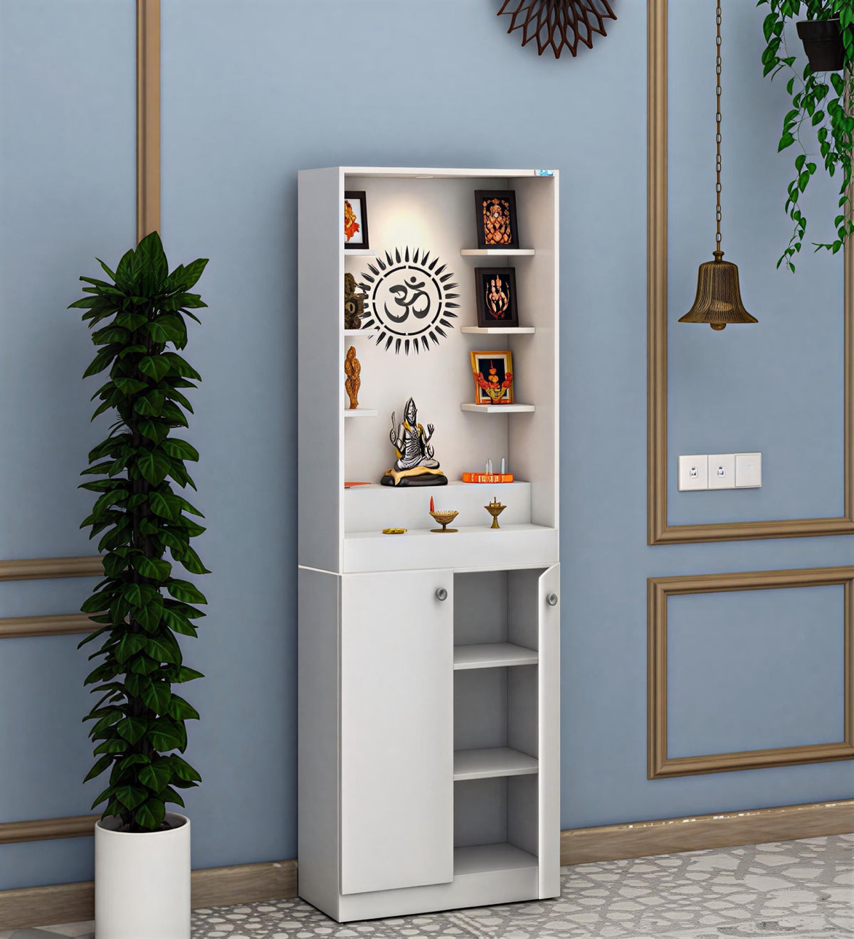 Luxurious White Finish Wooden Floor Temple with Om LED Back Panel & Spacious Drawer Storage Cabinet for Home & Office