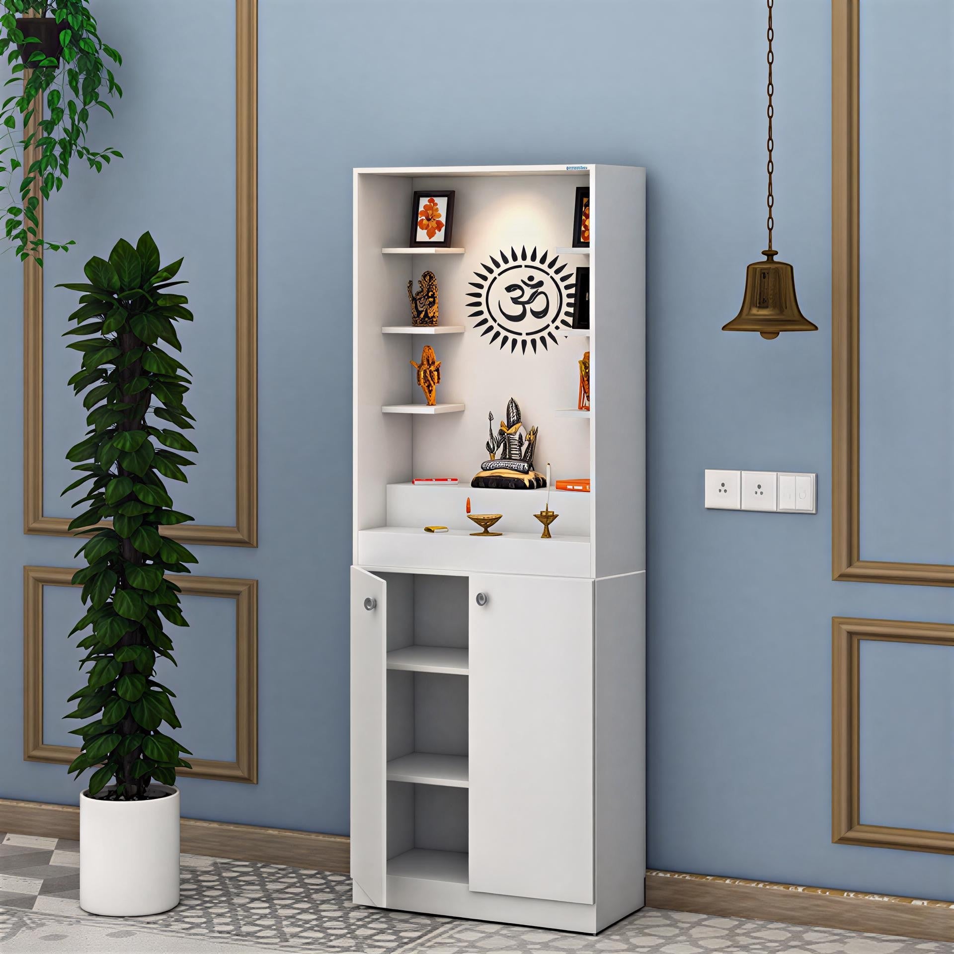 Luxurious White Finish Wooden Floor Temple with Om LED Back Panel & Spacious Drawer Storage Cabinet for Home & Office