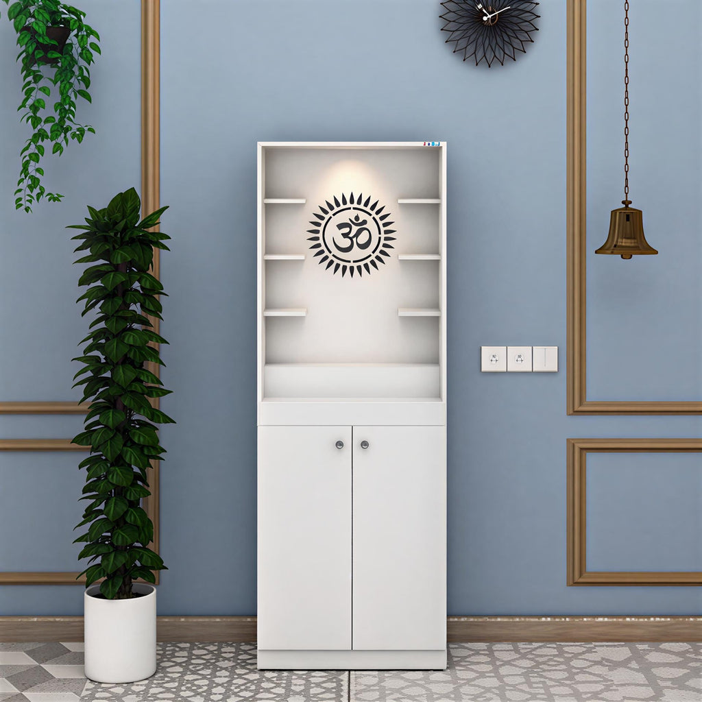 Luxurious White Finish Wooden Floor Temple with Om LED Back Panel & Spacious Drawer Storage Cabinet for Home & Office