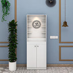 Luxurious White Finish Wooden Floor Temple with Om LED Back Panel & Spacious Drawer Storage Cabinet for Home & Office