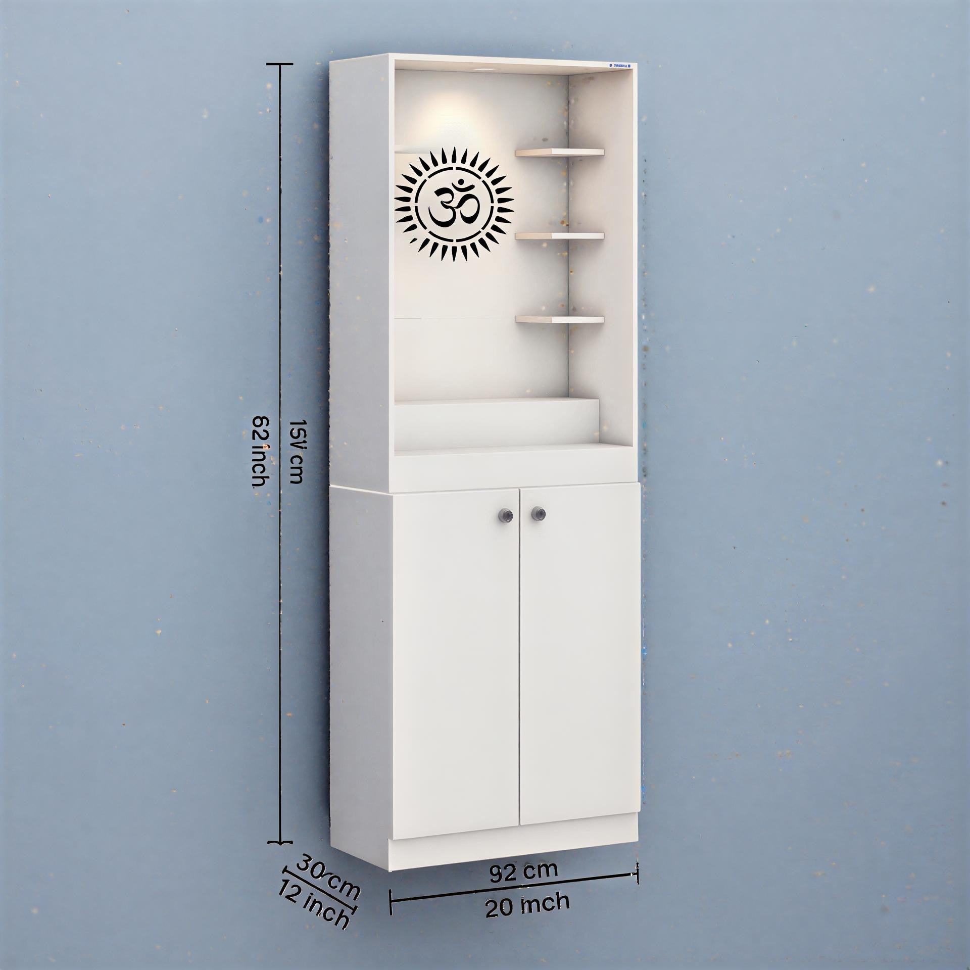 Luxurious White Finish Wooden Floor Temple with Om LED Back Panel & Spacious Drawer Storage Cabinet for Home & Office