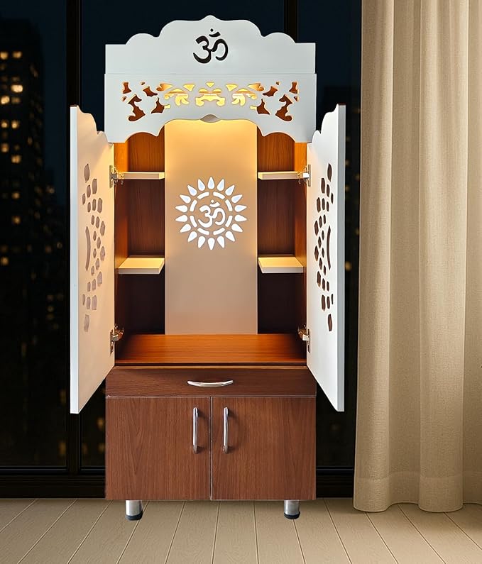 Wooden Home Temple Mandir With Doors & Storage Cabinet