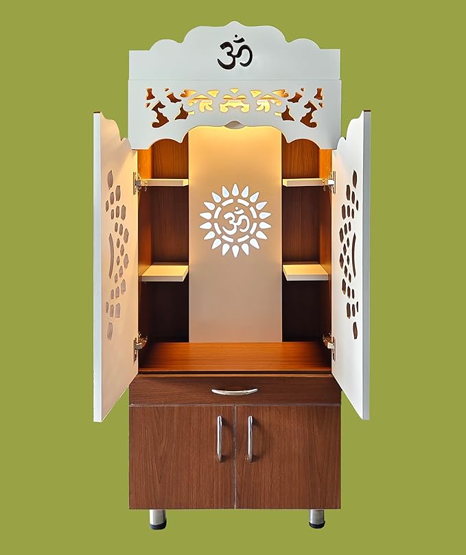 Wooden Home Temple Mandir With Doors & Storage Cabinet