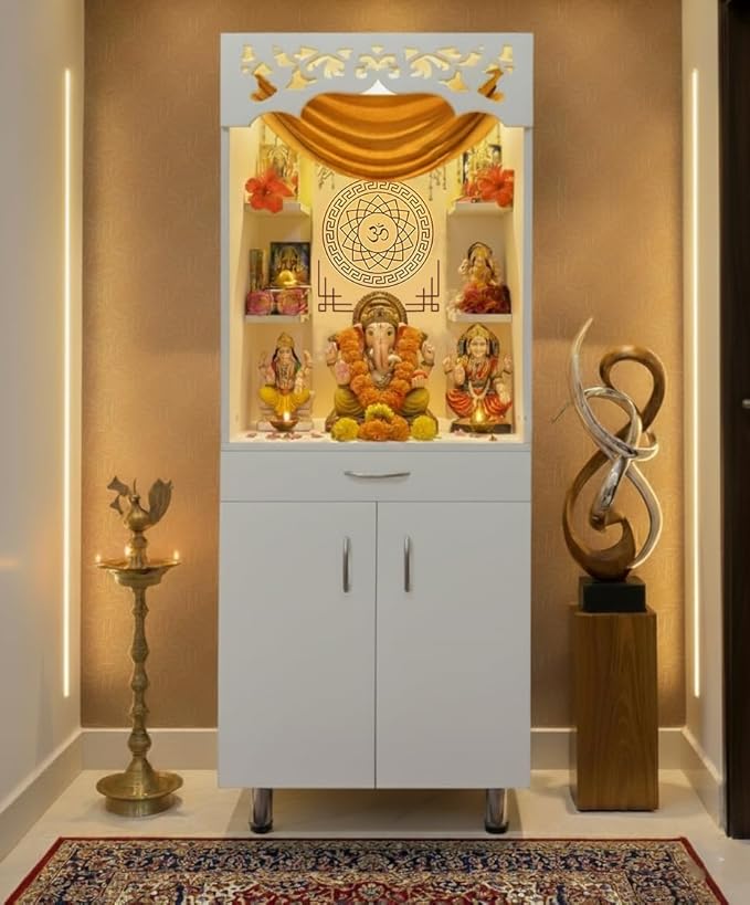 Modern Home Mandir With Storage Cabinet And Decorative Back Panel