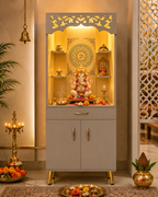 Modern Home Mandir With Storage Cabinet And Decorative Back Panel