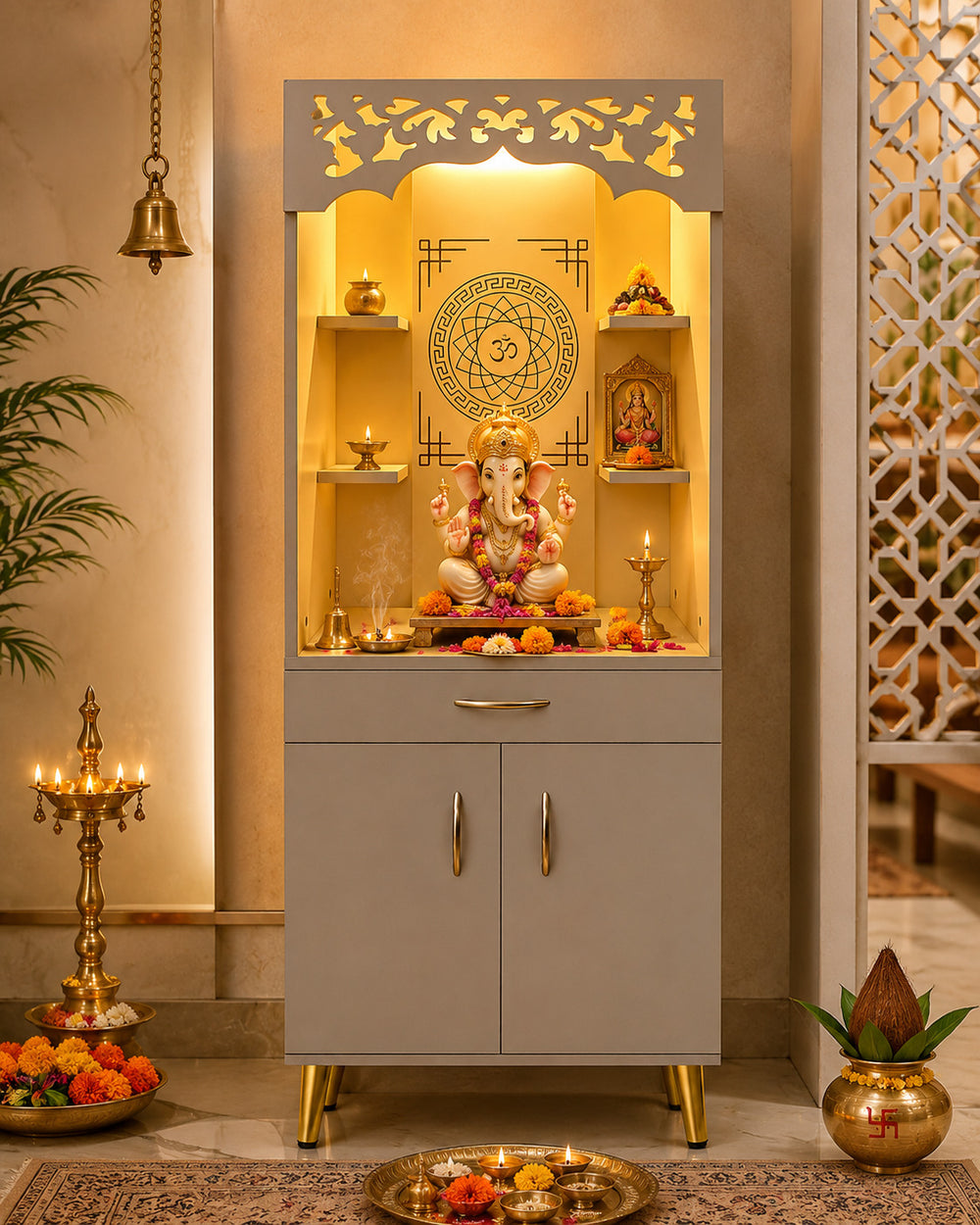 Modern Home Mandir With Storage Cabinet And Decorative Back Panel