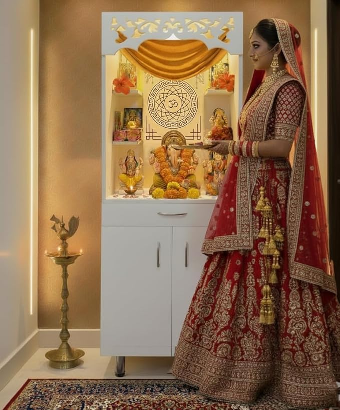 Modern Home Mandir With Storage Cabinet And Decorative Back Panel