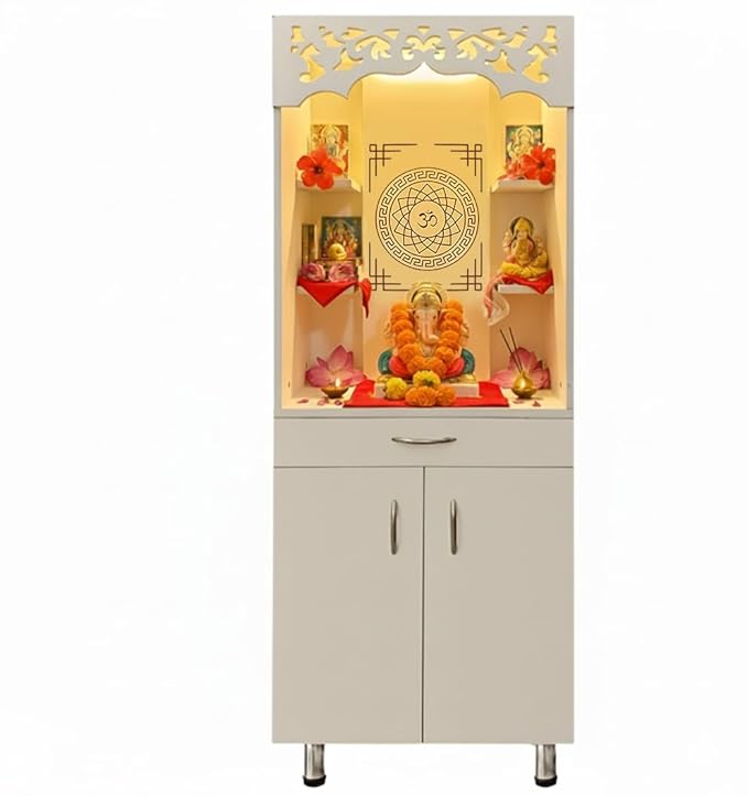 Modern Home Mandir With Storage Cabinet And Decorative Back Panel