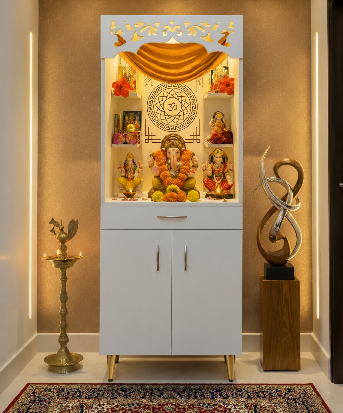 Modern Home Mandir With Storage Cabinet And Decorative Back Panel