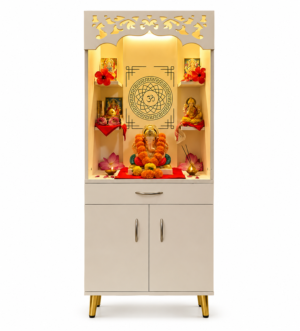 Modern Home Mandir With Storage Cabinet And Decorative Back Panel