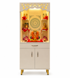 Modern Home Mandir With Storage Cabinet And Decorative Back Panel