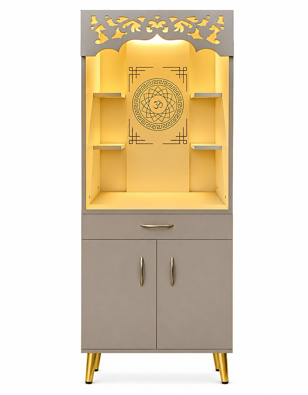 Modern Home Mandir With Storage Cabinet And Decorative Back Panel