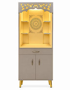 Modern Home Mandir With Storage Cabinet And Decorative Back Panel