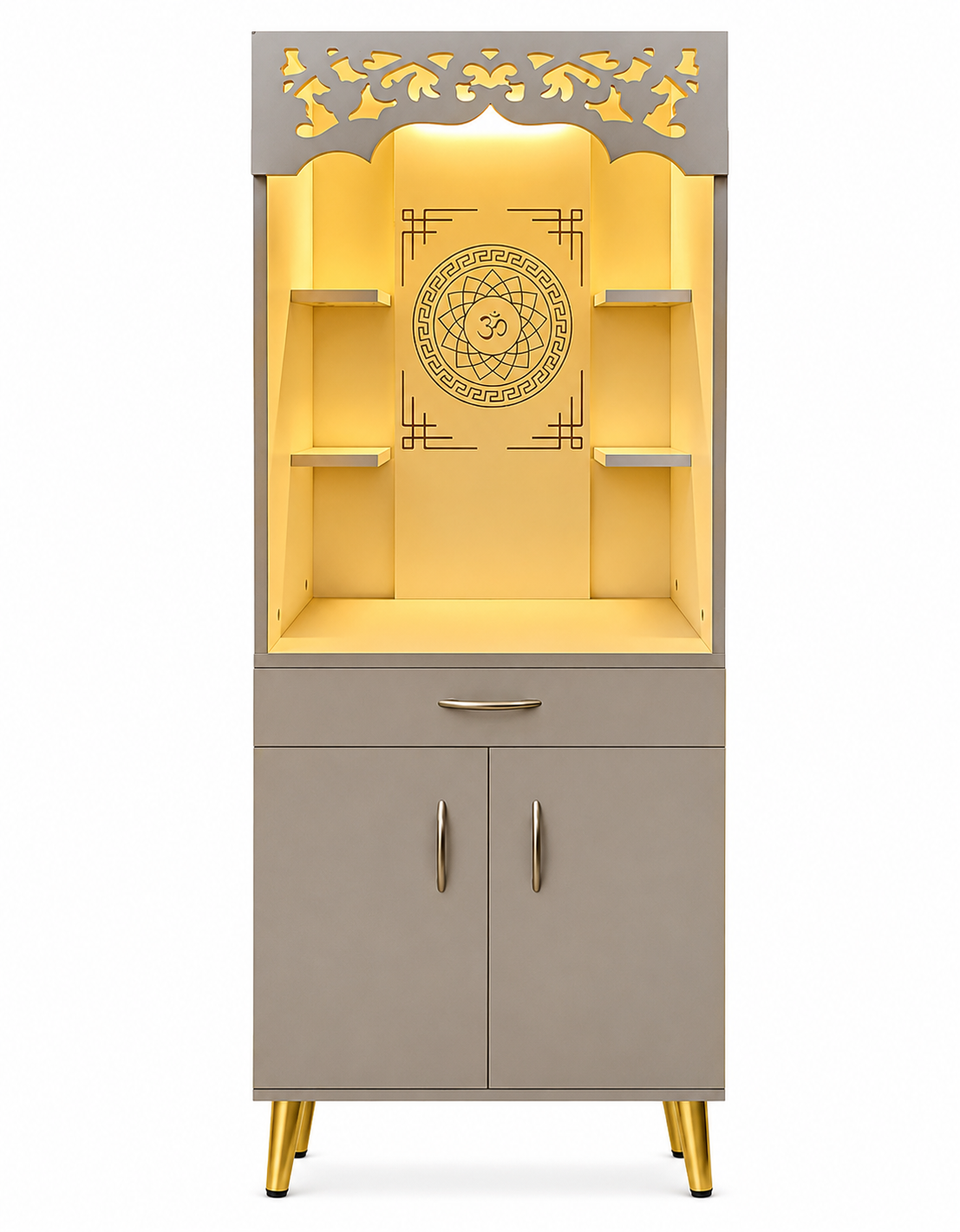 Modern Home Mandir With Storage Cabinet And Decorative Back Panel