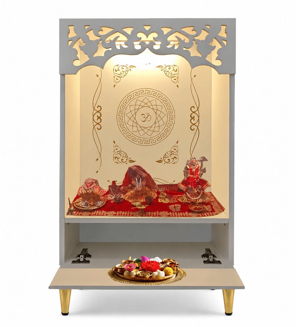 Compact Home Mandir With Om Back Panel And Platform Storage