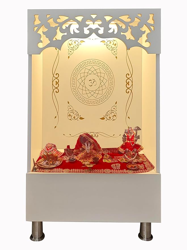 Compact Home Mandir With Om Back Panel And Platform Storage