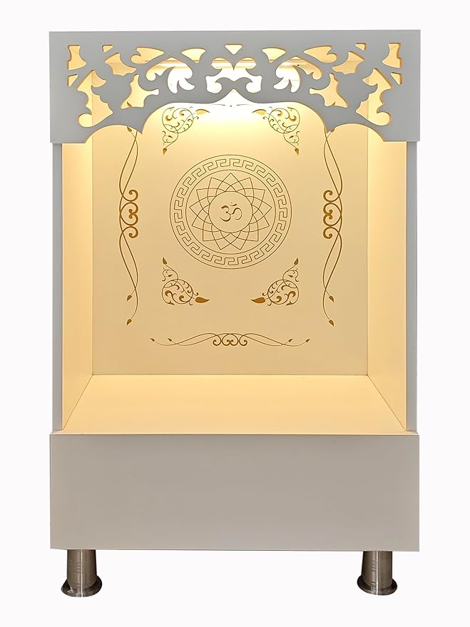 Compact Home Mandir With Om Back Panel And Platform Storage