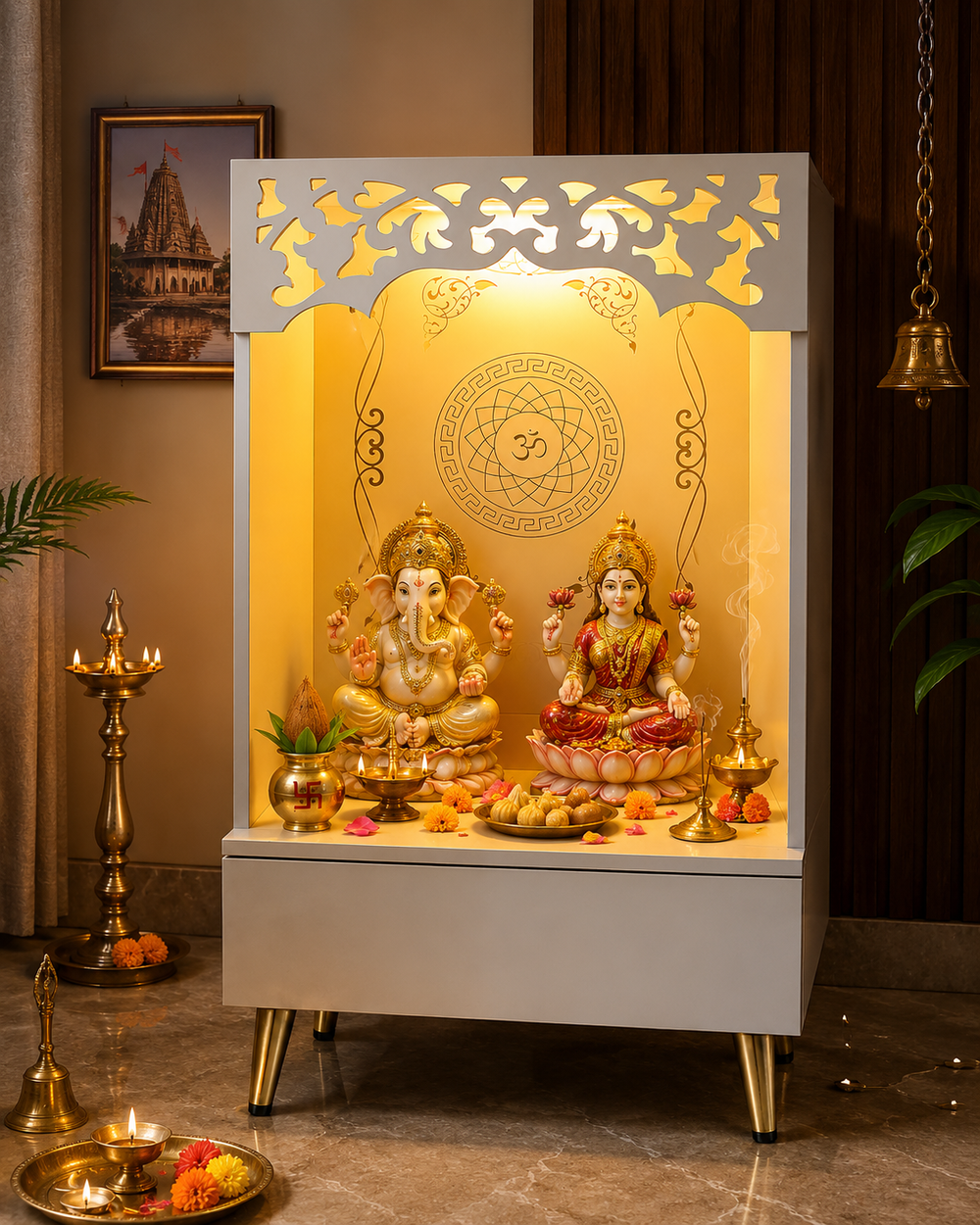 Compact Home Mandir With Om Back Panel And Platform Storage