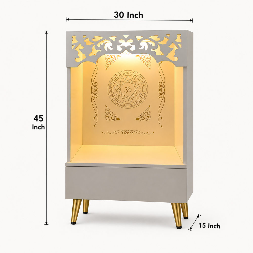 Compact Home Mandir With Om Back Panel And Platform Storage
