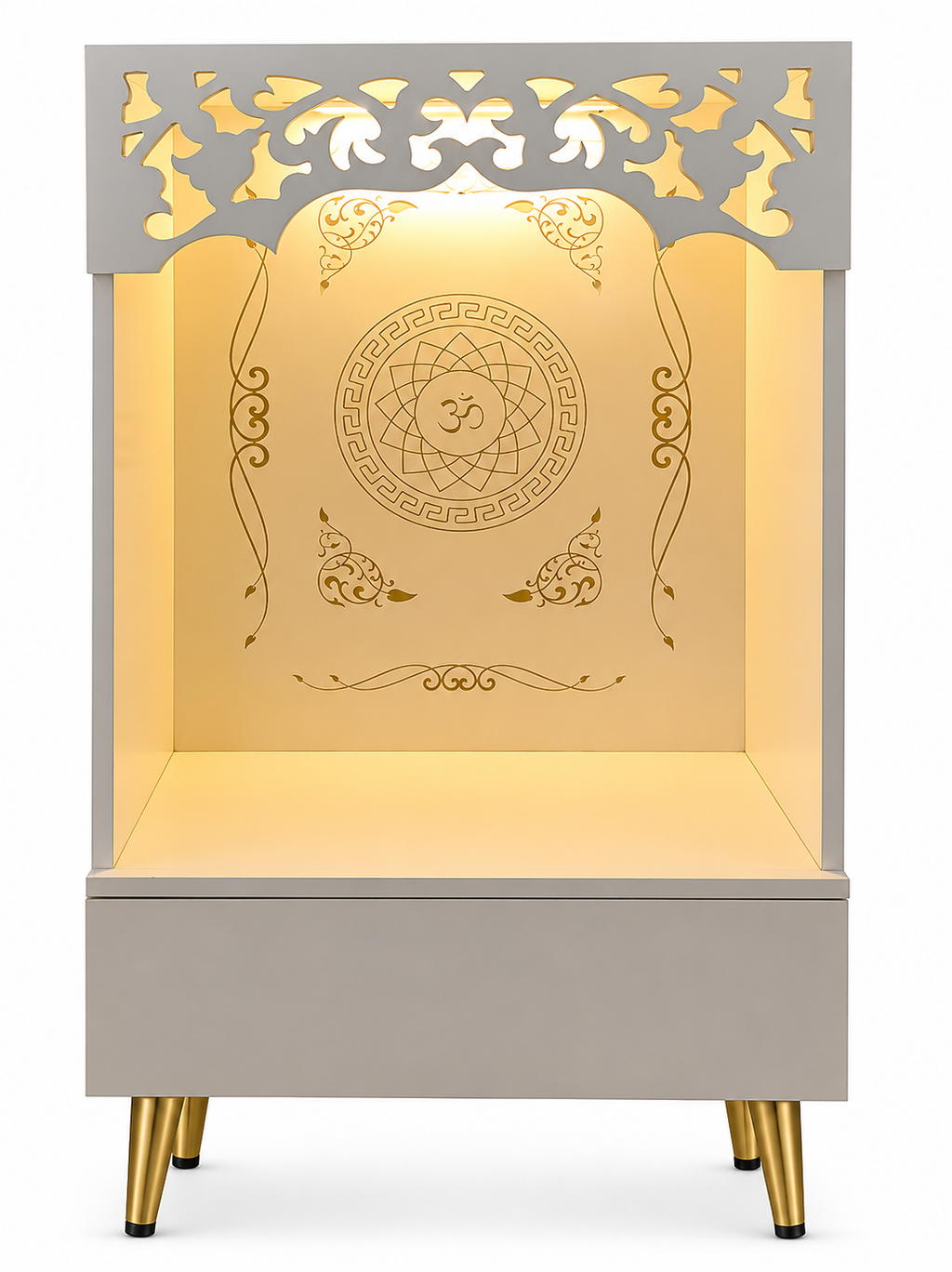 Compact Home Mandir With Om Back Panel And Platform Storage