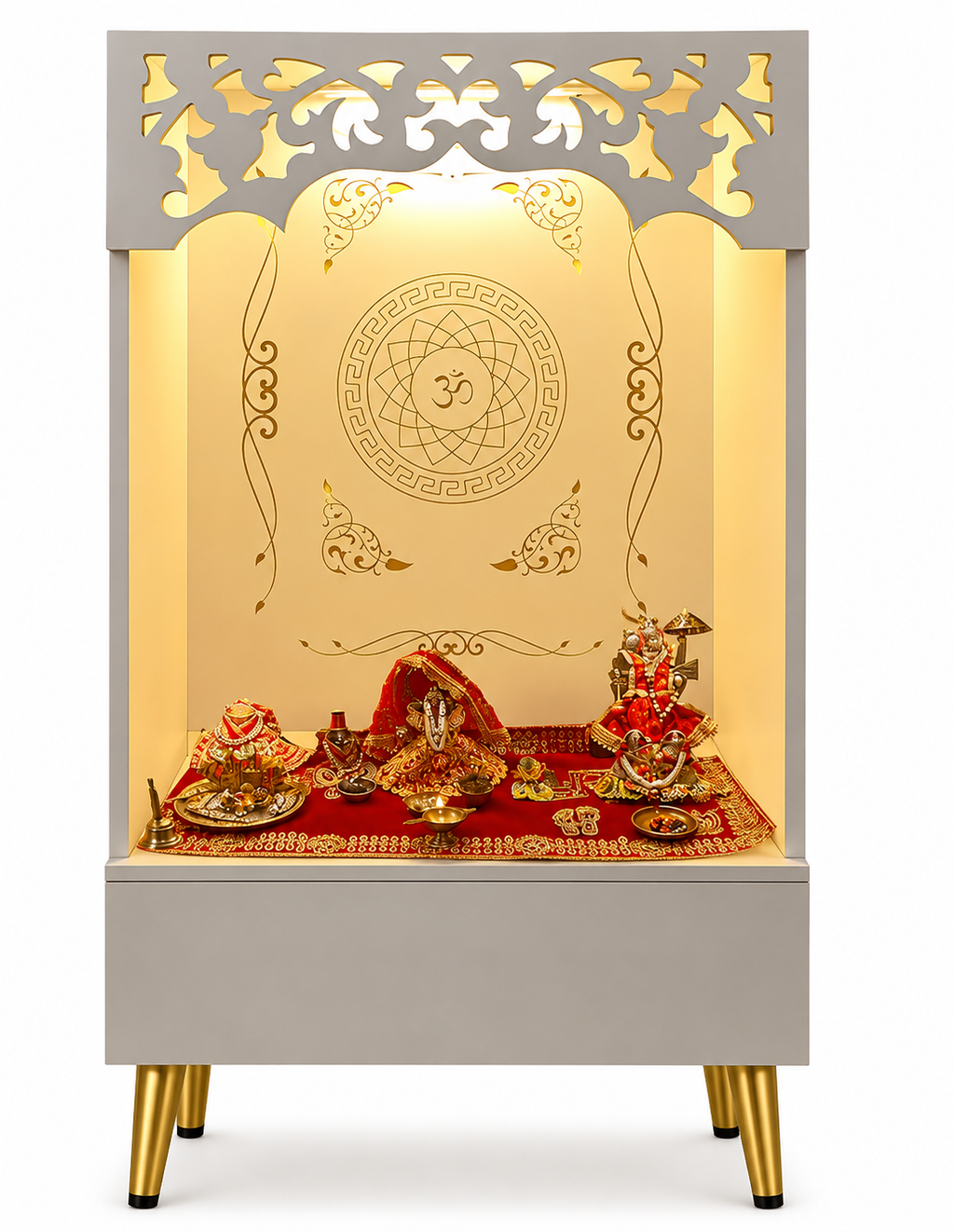 Compact Home Mandir With Om Back Panel And Platform Storage