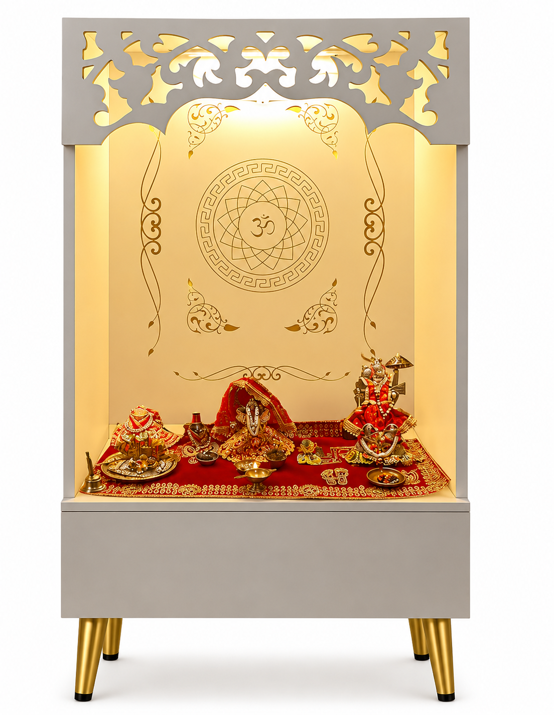 Compact Home Mandir With Om Back Panel And Platform Storage