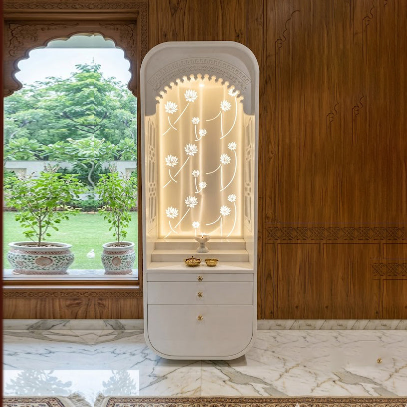 Elegant Wooden Home Mandir With Drawer And Bottom Cabinet