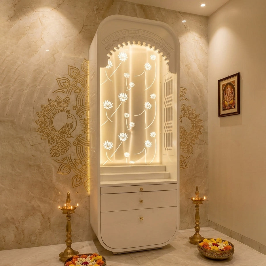 Elegant Wooden Home Mandir With Drawer And Bottom Cabinet