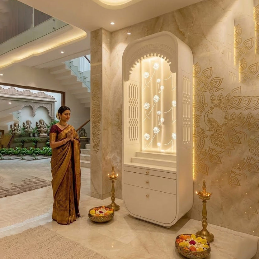Elegant Wooden Home Mandir With Drawer And Bottom Cabinet