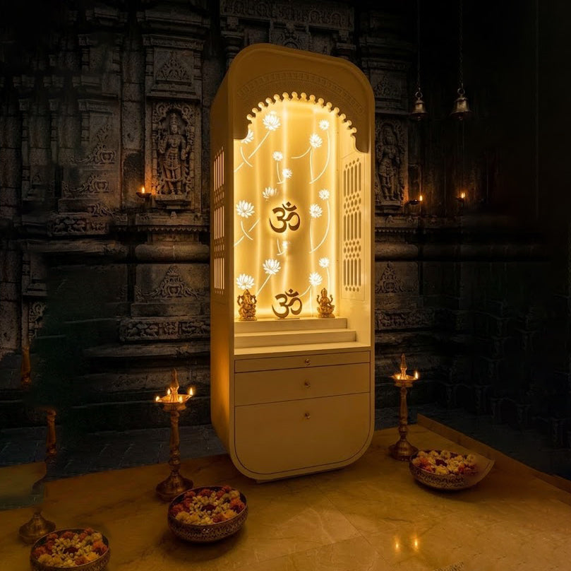 Elegant Wooden Home Mandir With Drawer And Bottom Cabinet