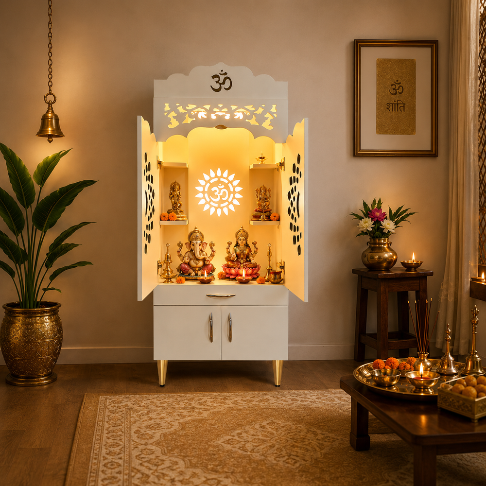 Elegant Home Temple with Folding Doors and Traditional Jaali Work