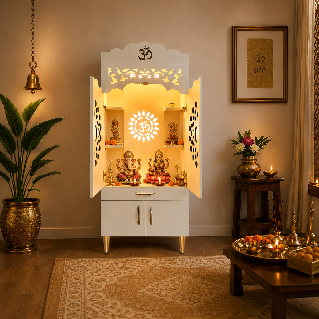 Elegant Home Temple with Folding Doors and Traditional Jaali Work