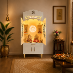 Elegant Home Temple with Folding Doors and Traditional Jaali Work