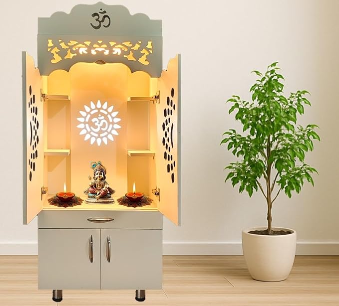 Elegant Home Temple with Folding Doors and Traditional Jaali Work