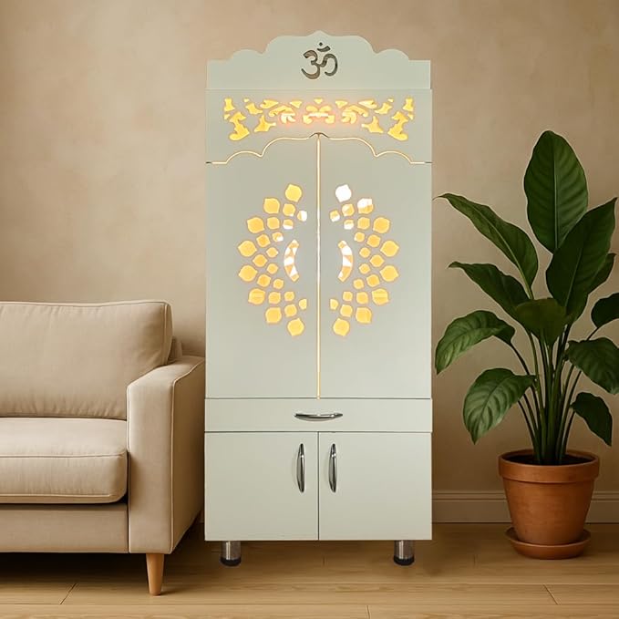 Elegant Home Temple with Folding Doors and Traditional Jaali Work