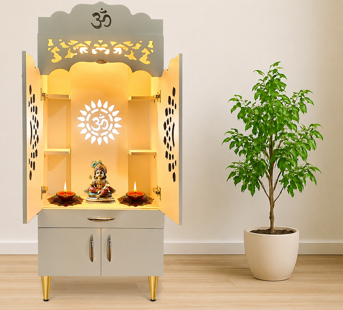 Elegant Home Temple with Folding Doors and Traditional Jaali Work