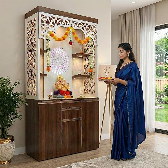 Designer Home Temple with Multi-Tier LED Spotlights & Lattice Arch