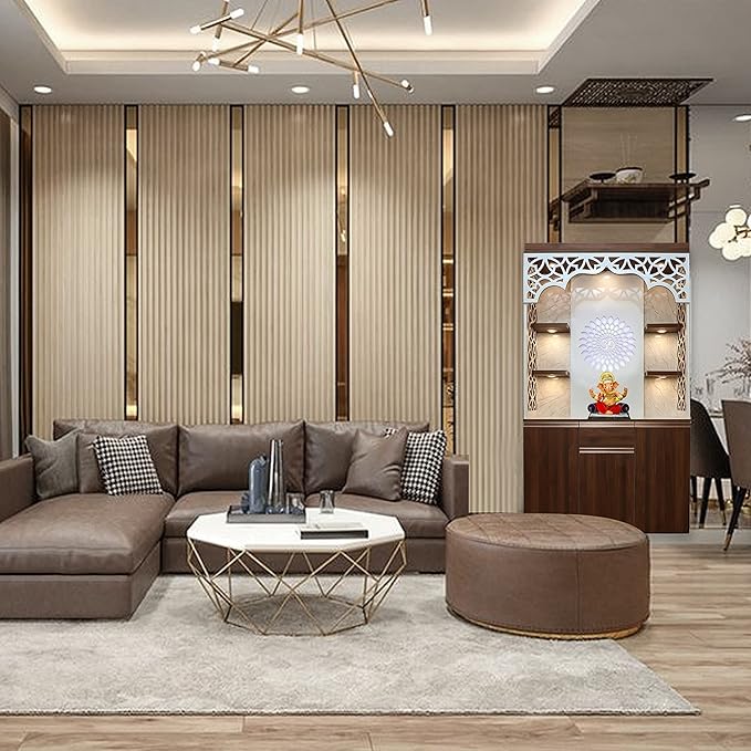Designer Home Temple with Multi-Tier LED Spotlights & Lattice Arch