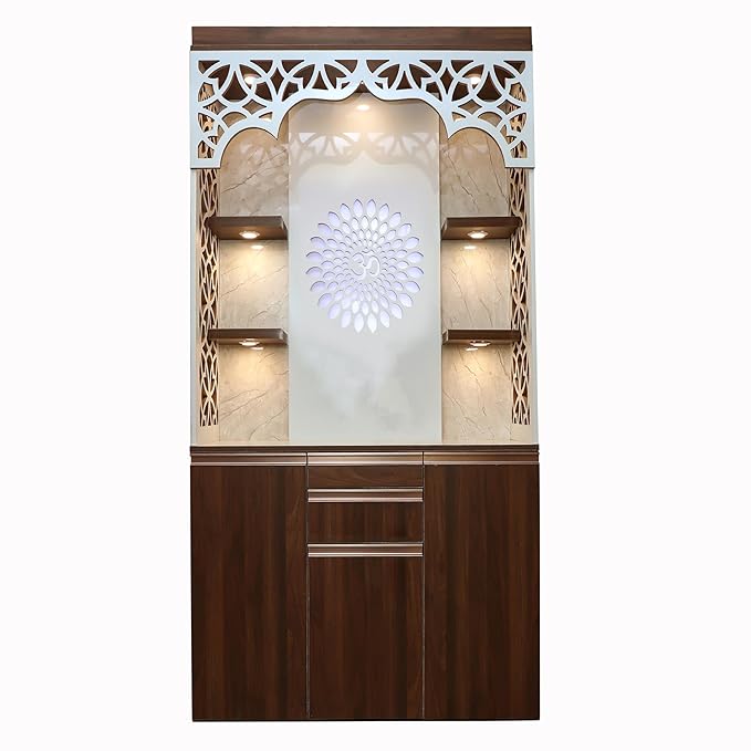 Designer Home Temple with Multi-Tier LED Spotlights & Lattice Arch
