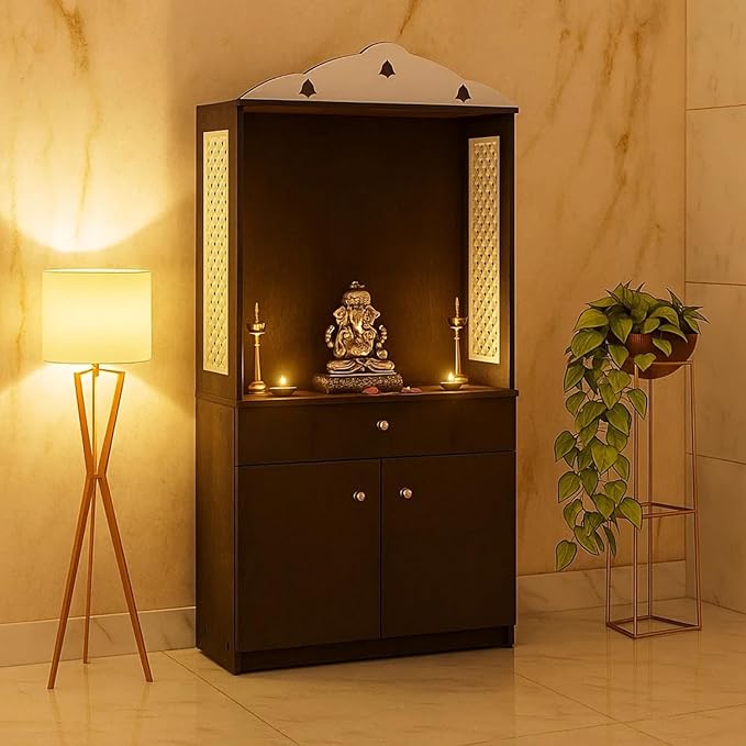 Traditional Floor-Standing Pooja Unit with Storage Cabinets & Drawer