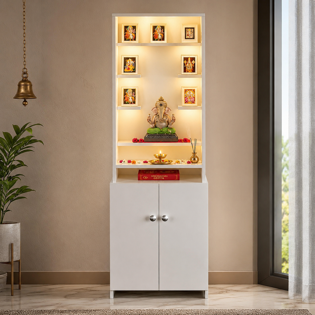 Minimalist White Puja Unit with Vertical Gallery for Frames and Idols