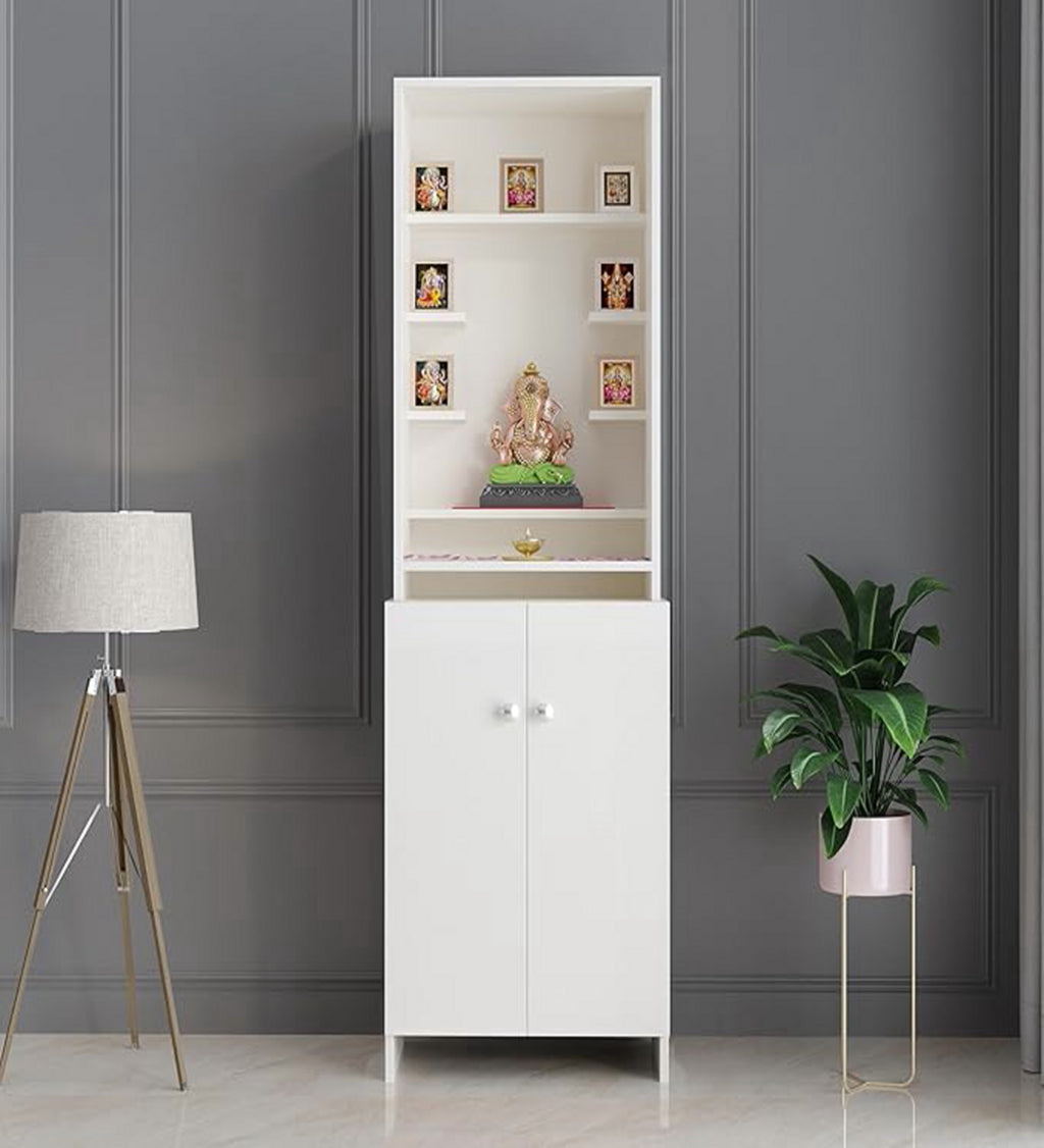 Minimalist White Puja Unit with Vertical Gallery for Frames and Idols