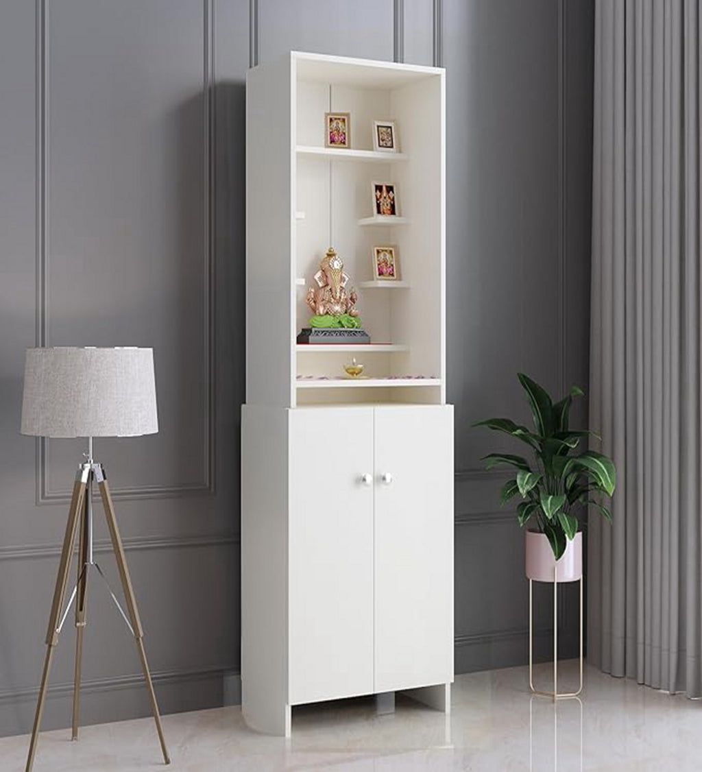 Minimalist White Puja Unit with Vertical Gallery for Frames and Idols