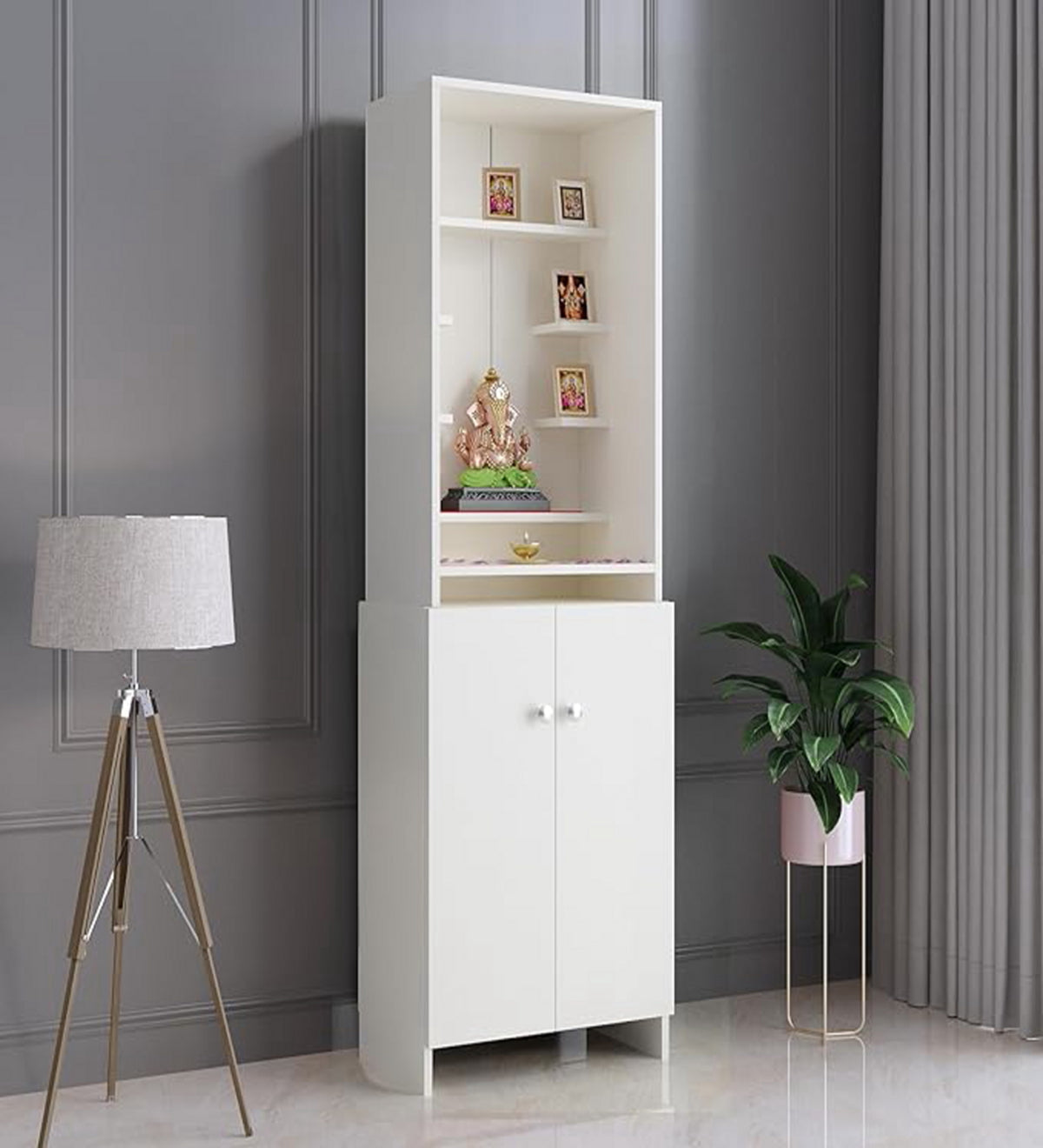Minimalist White Puja Unit with Vertical Gallery for Frames and Idols
