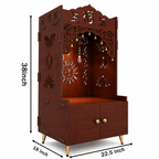 Brown Wooden Floor Pooja Mandir with Ik Onkar & Swastik Design Laser-Cut Bell Motifs Storage Cabinet & Ornate Arch
